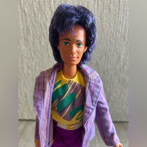 80s Glitter and Gold Rio doll with stand, clothes, and accessories